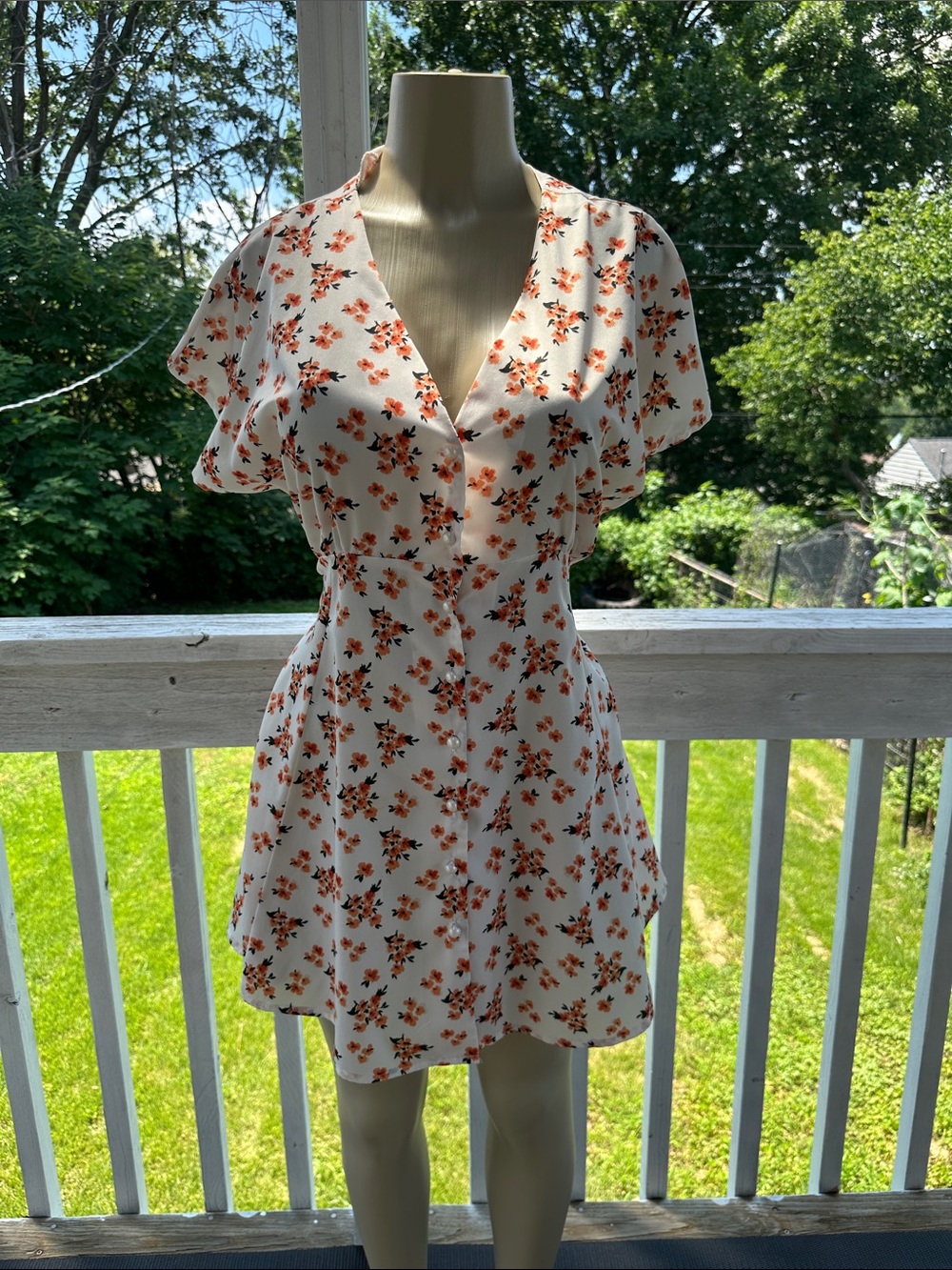 Floral Button-Front Mini Dress - White with Orange Floral Print